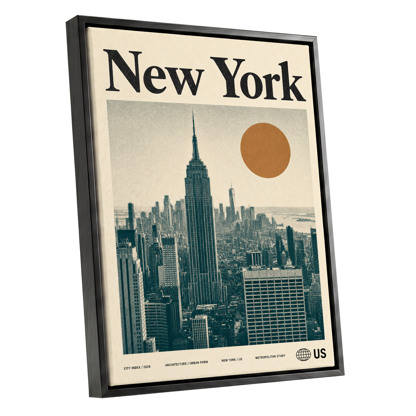 Metropolitan Sun, beige, green, brown minimalist wall art shown as a black framed canvas wall art