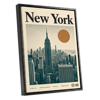Metropolitan Sun, beige, green, brown minimalist wall art shown as a black framed canvas wall art