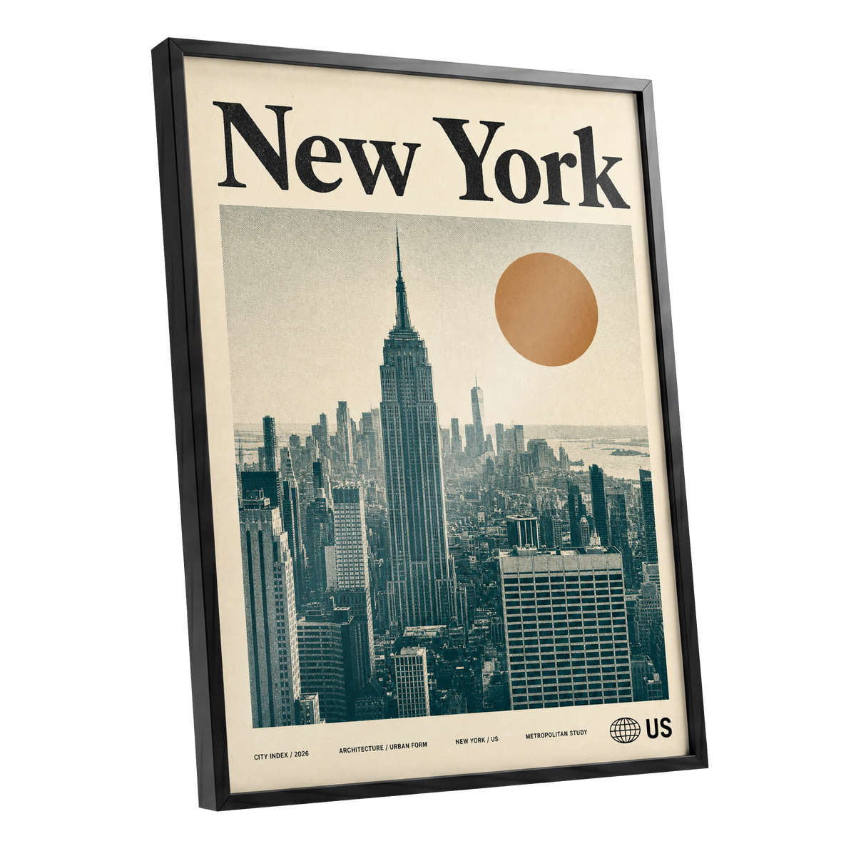 Metropolitan Sun, beige, green, brown minimalist wall art shown as a black framed poster wall art print