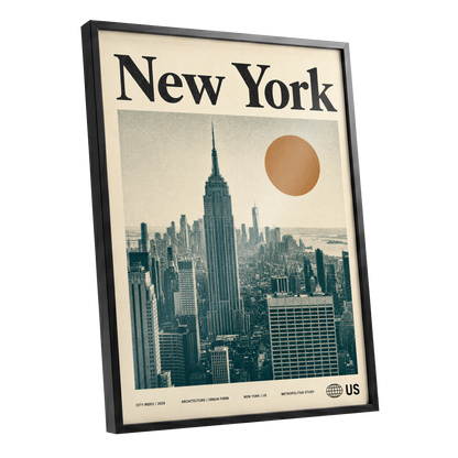 Metropolitan Sun, beige, green, brown minimalist wall art shown as a black framed poster wall art print