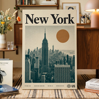 Metropolitan Sun, beige, green, brown minimalist wall art on canvas displayed in a styled interior, gallery view 1