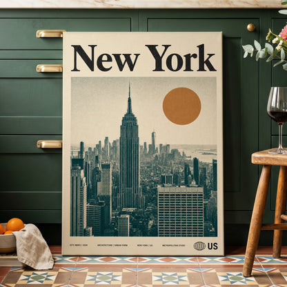 Metropolitan Sun, beige, green, brown minimalist wall art on canvas displayed in a styled interior, gallery view 2