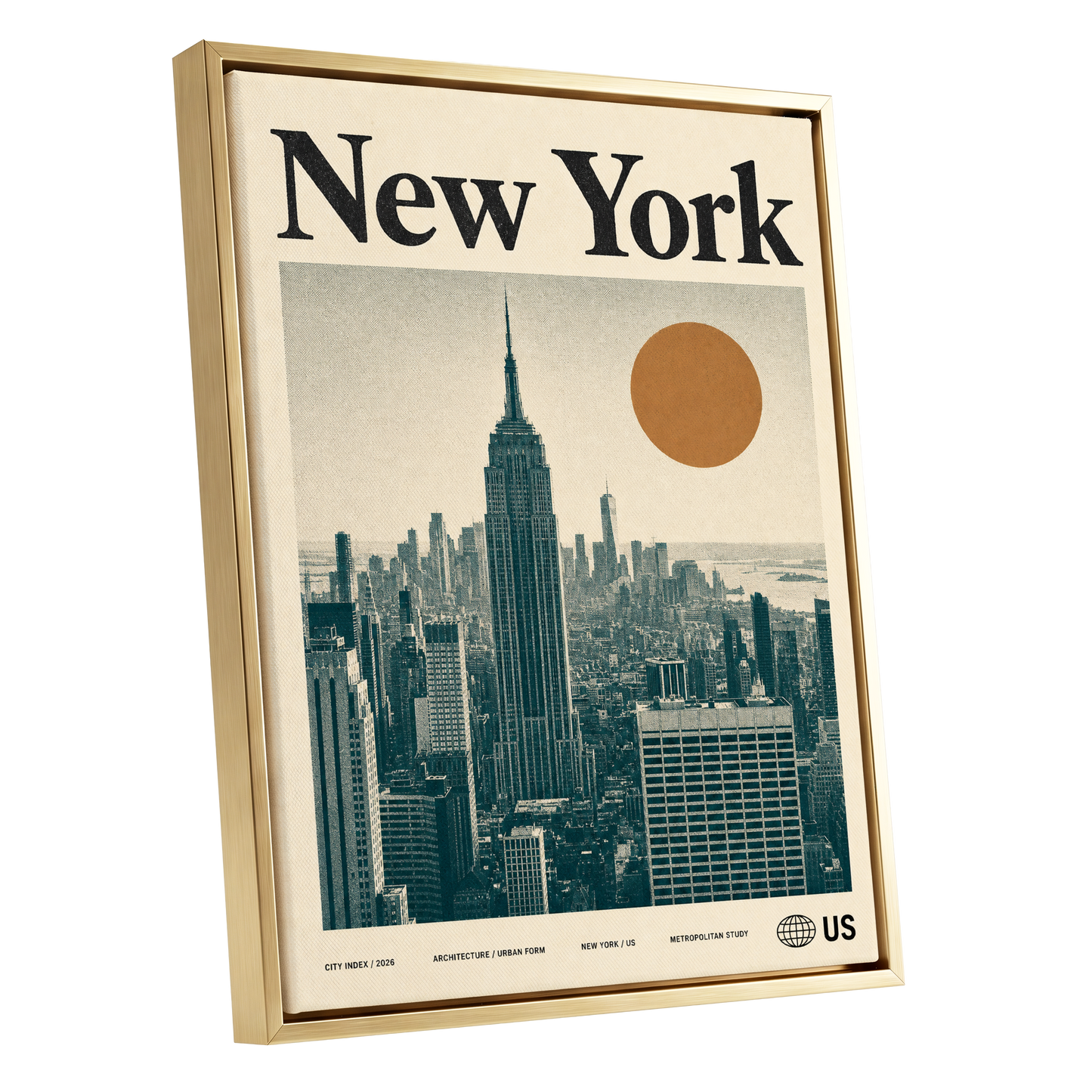 Metropolitan Sun, beige, green, brown minimalist wall art shown as a gold framed canvas wall art