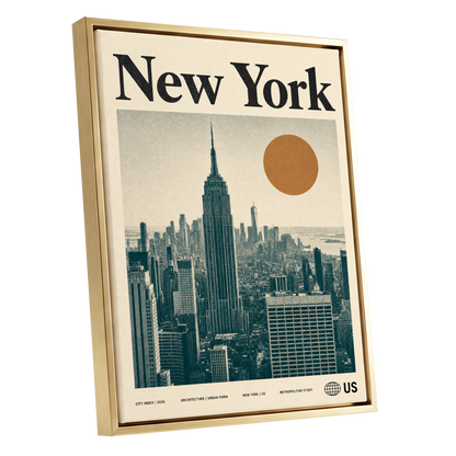 Metropolitan Sun, beige, green, brown minimalist wall art shown as a gold framed canvas wall art