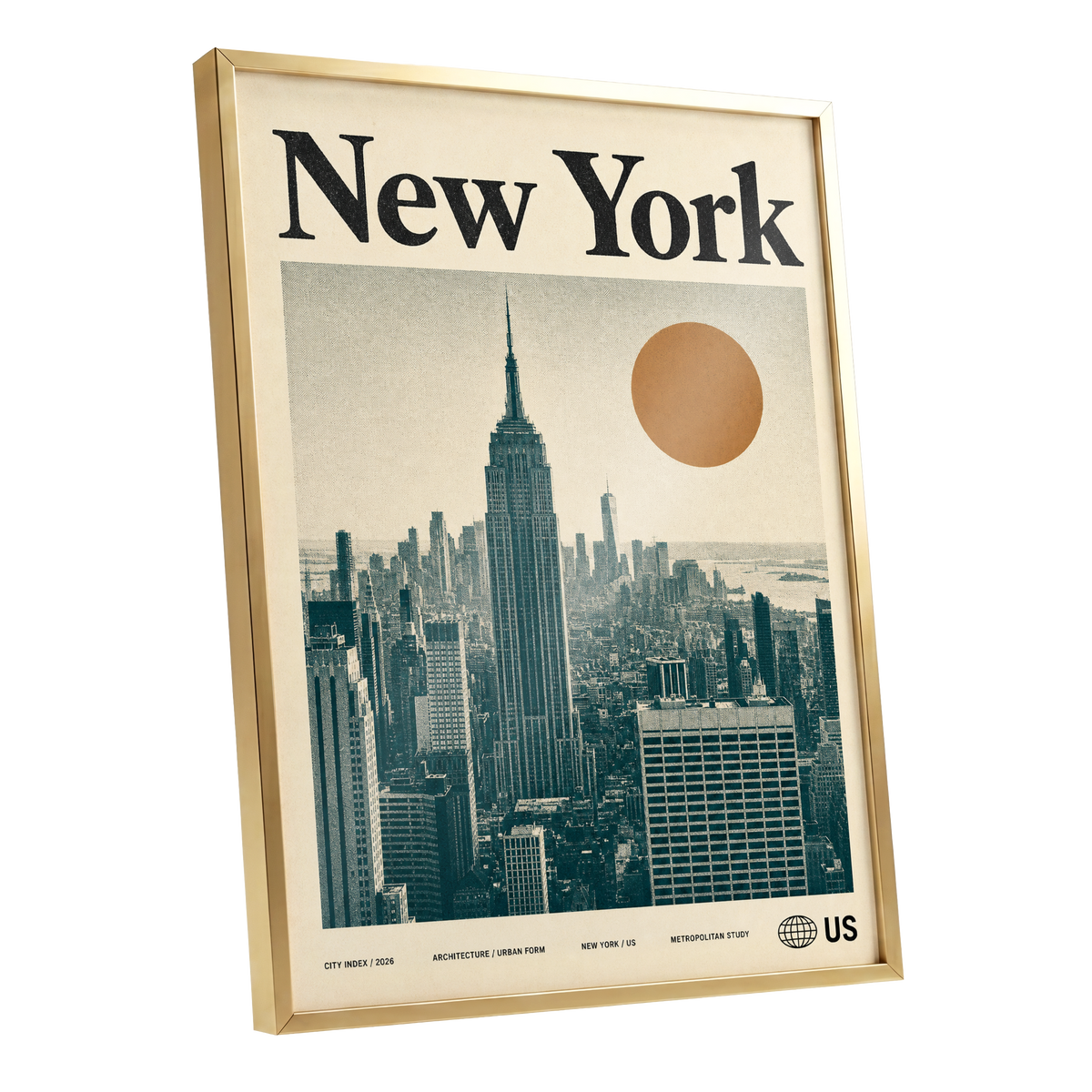 Metropolitan Sun, beige, green, brown minimalist wall art shown as a gold framed poster wall art print