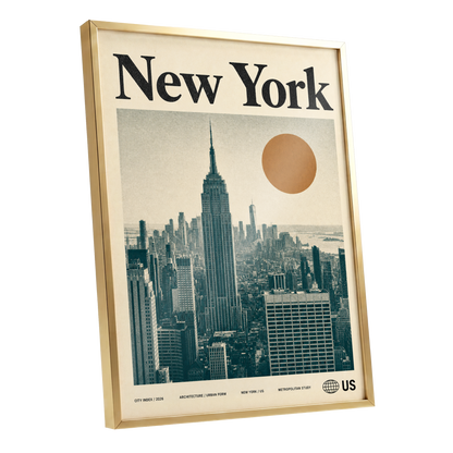 Metropolitan Sun, beige, green, brown minimalist wall art shown as a gold framed poster wall art print