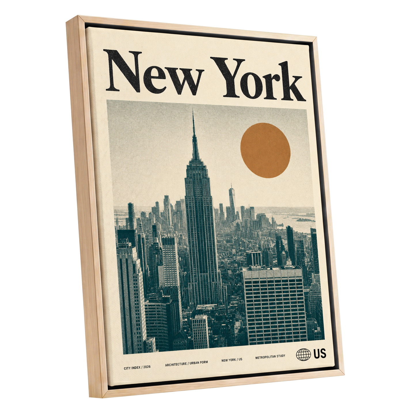 Metropolitan Sun, beige, green, brown minimalist wall art shown as a oak framed canvas wall art