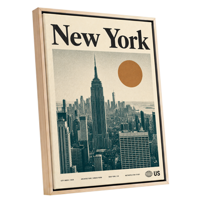 Metropolitan Sun, beige, green, brown minimalist wall art shown as a oak framed canvas wall art