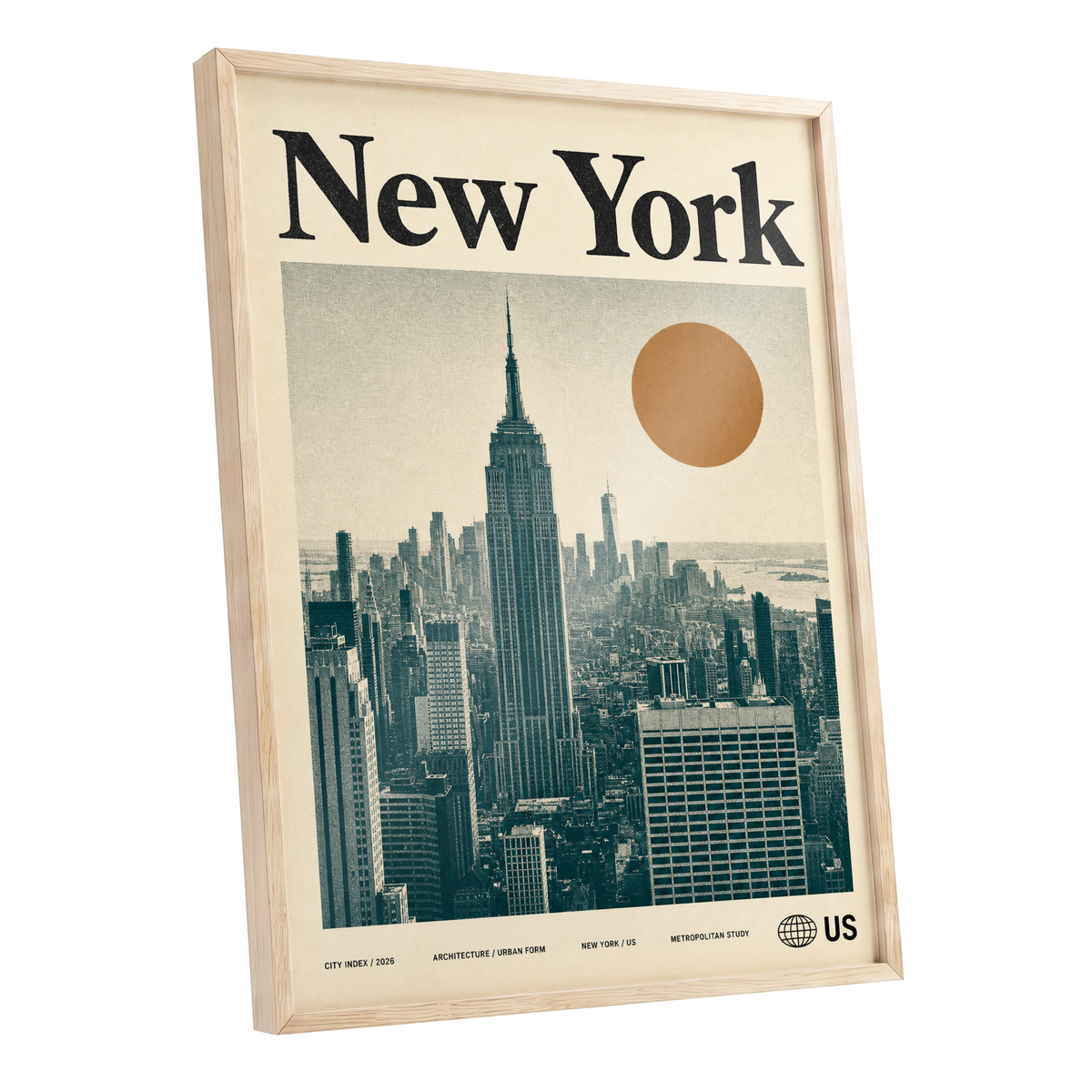 Metropolitan Sun, beige, green, brown minimalist wall art shown as a oak framed poster wall art print