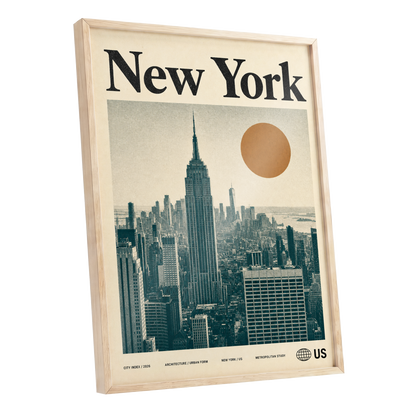 Metropolitan Sun, beige, green, brown minimalist wall art shown as a oak framed poster wall art print