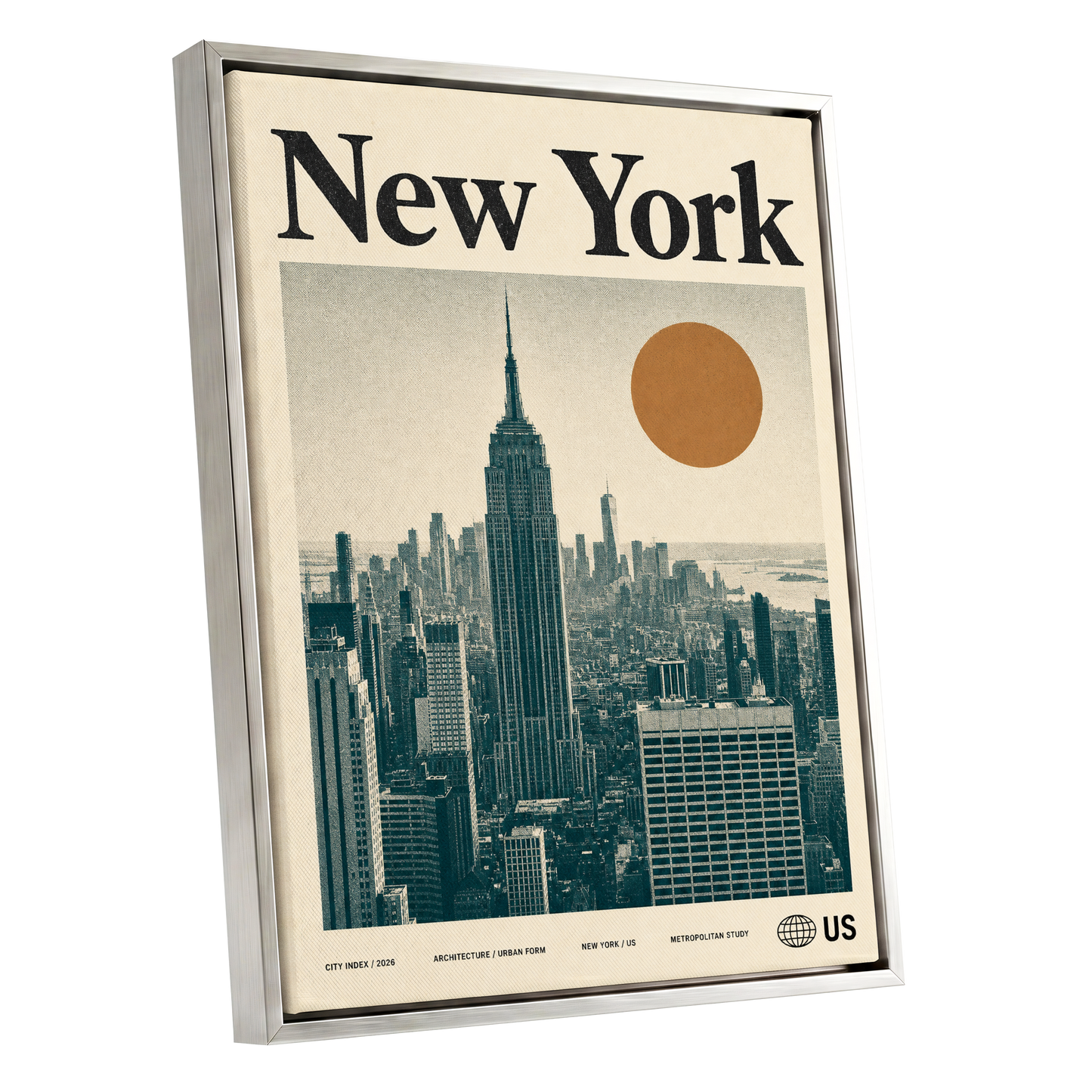Metropolitan Sun, beige, green, brown minimalist wall art shown as a silver framed canvas wall art