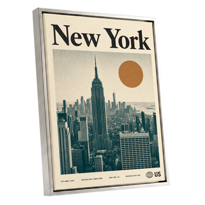 Metropolitan Sun, beige, green, brown minimalist wall art shown as a silver framed canvas wall art
