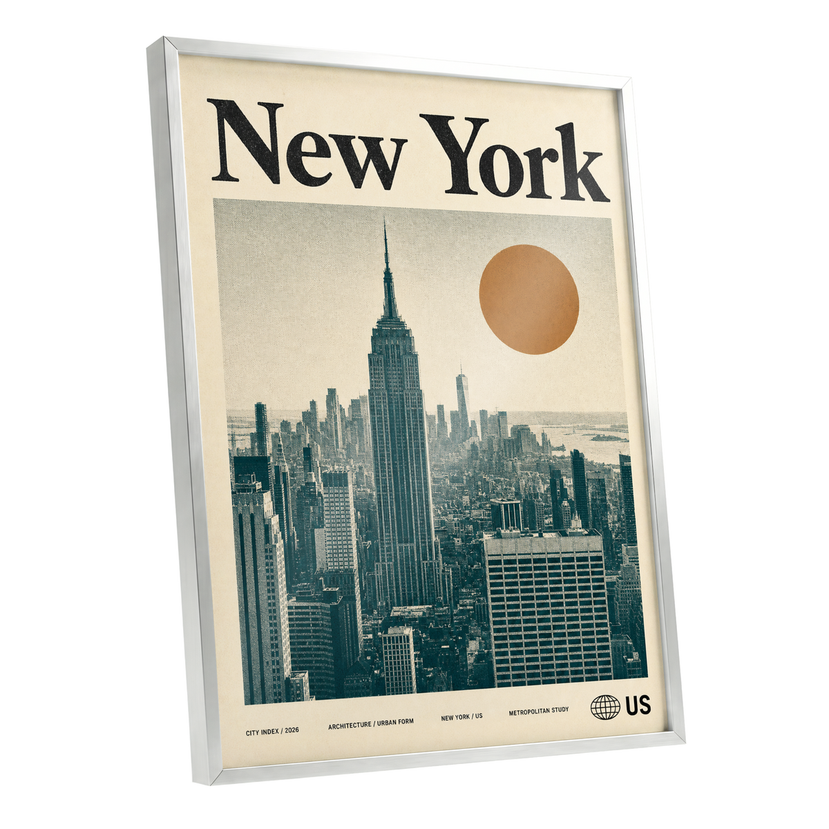 Metropolitan Sun, beige, green, brown minimalist wall art shown as a silver framed poster wall art print