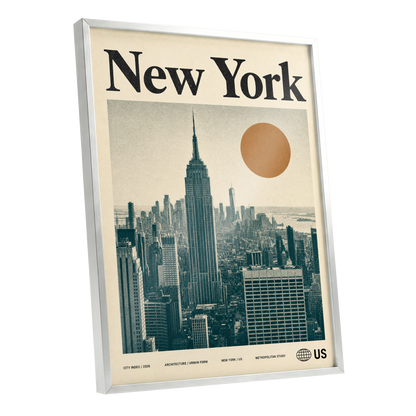 Metropolitan Sun, beige, green, brown minimalist wall art shown as a silver framed poster wall art print