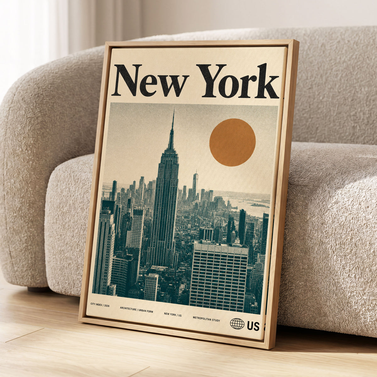 Metropolitan Sun, beige, green, brown minimalist wall art displayed in a styled interior, gallery view 1
