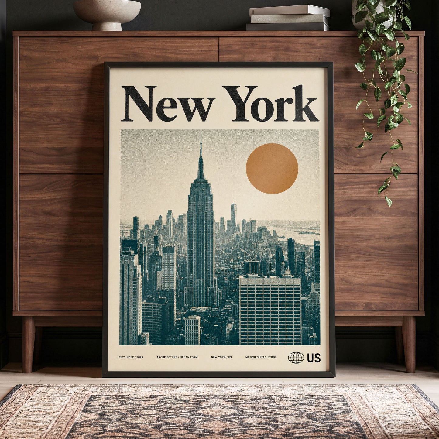 Metropolitan Sun, beige, green, brown minimalist wall art displayed in a styled interior, gallery view 4