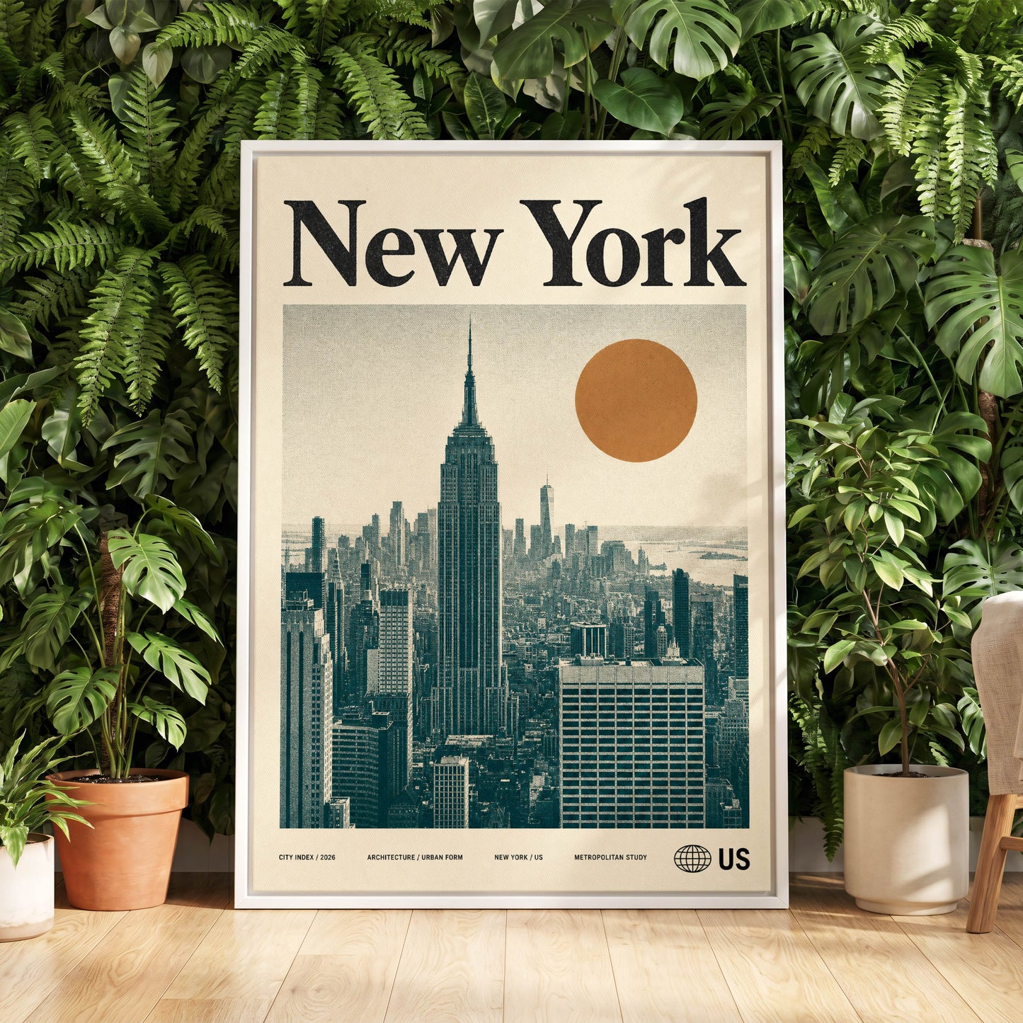Metropolitan Sun, beige, green, brown minimalist wall art displayed in a styled interior, gallery view 5