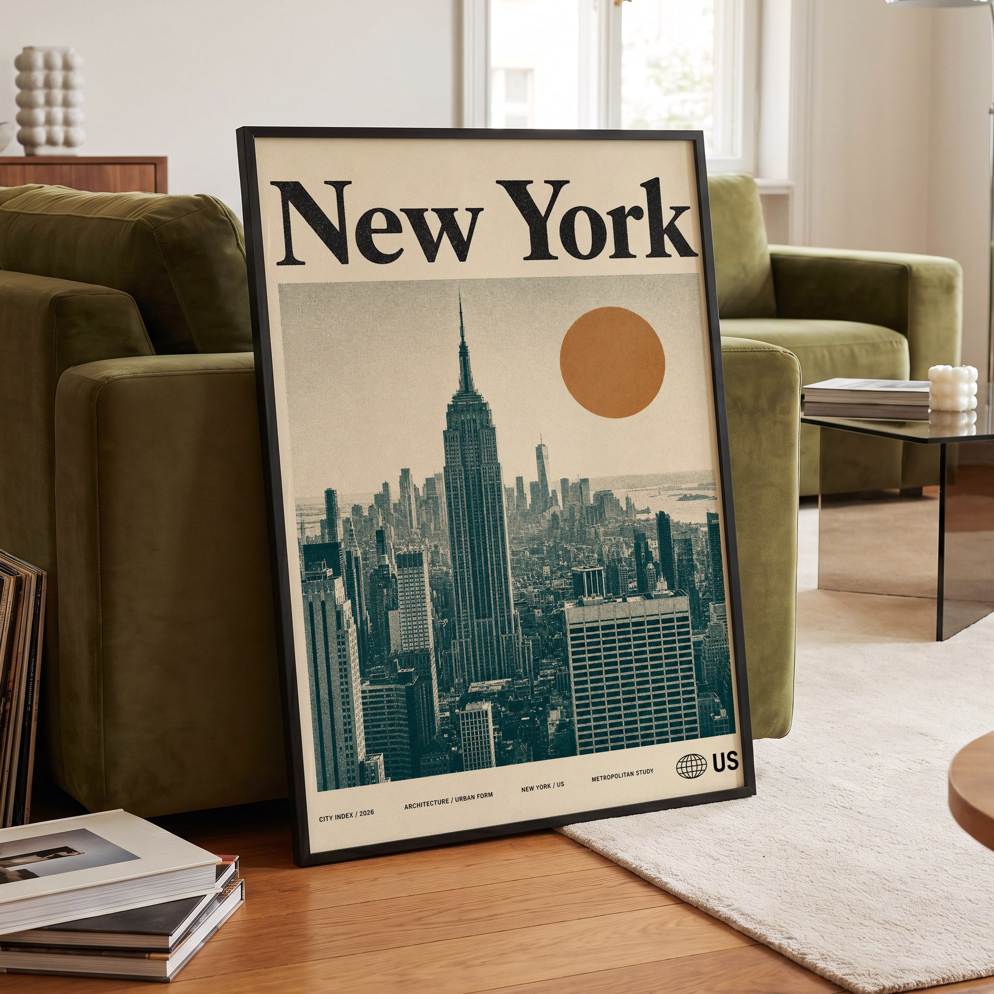 Metropolitan Sun, beige, green, brown minimalist wall art displayed in a styled interior, gallery view 6