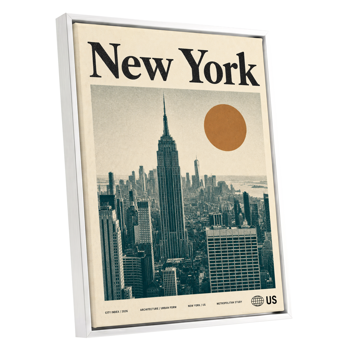Metropolitan Sun, beige, green, brown minimalist wall art shown as a white framed canvas wall art