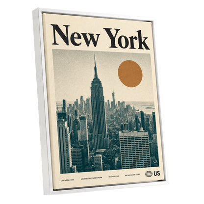 Metropolitan Sun, beige, green, brown minimalist wall art shown as a white framed canvas wall art