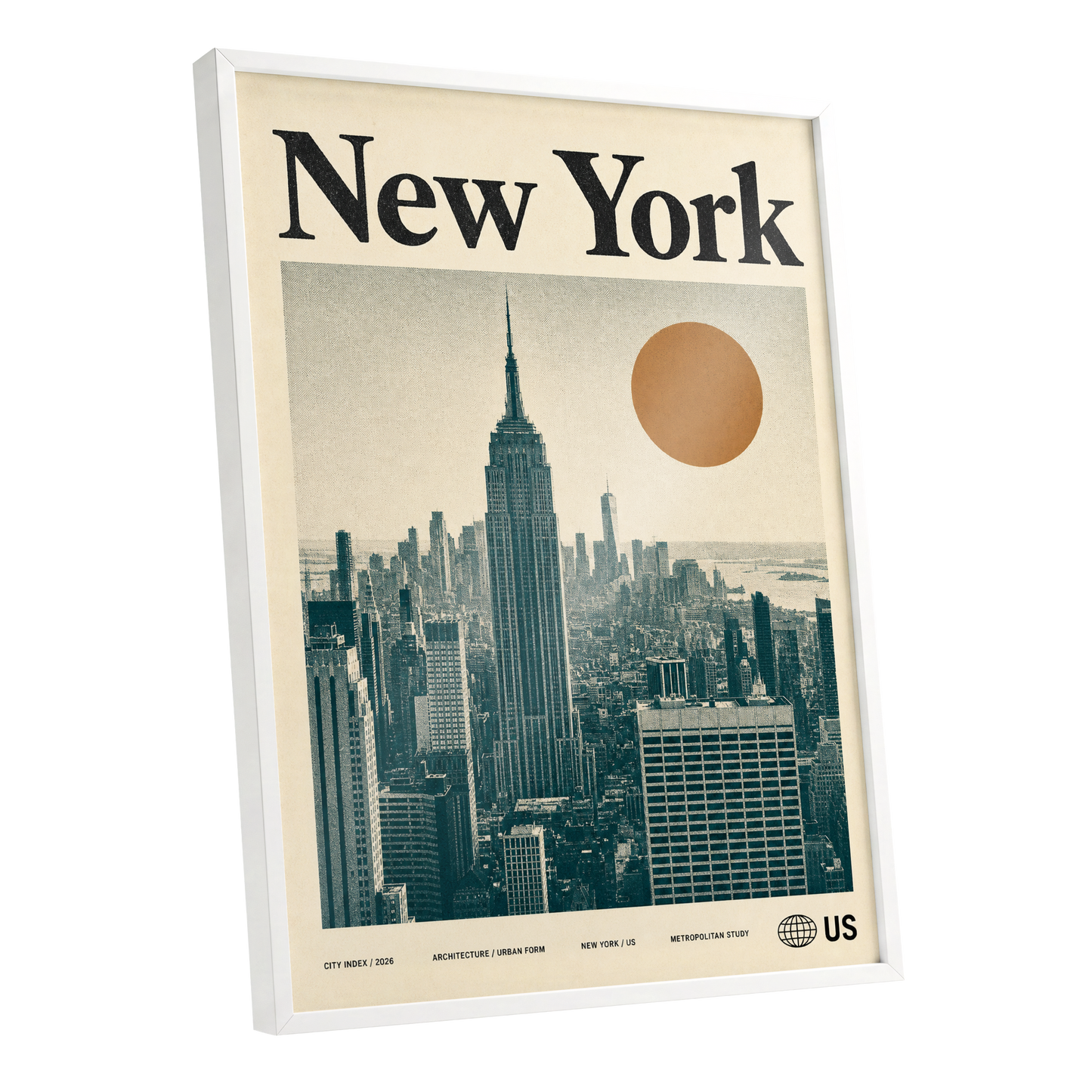 Metropolitan Sun, beige, green, brown minimalist wall art shown as a white framed poster wall art print