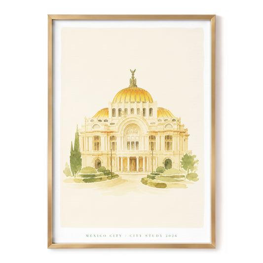 Mexico City Golden Dome, beige, gold, green minimalist wall art, front artwork view