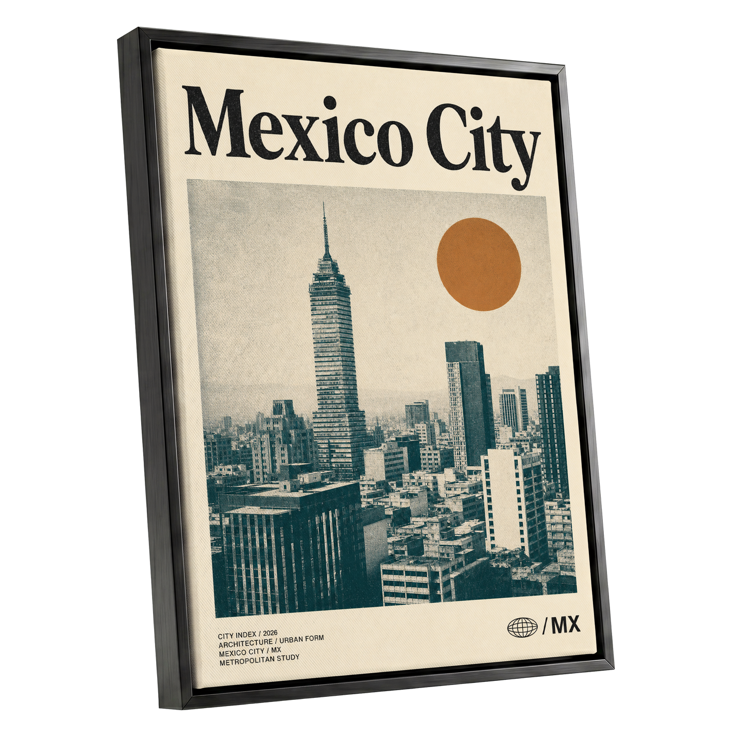 Mexico City Modern, beige, green, orange minimalist wall art shown as a black framed canvas wall art