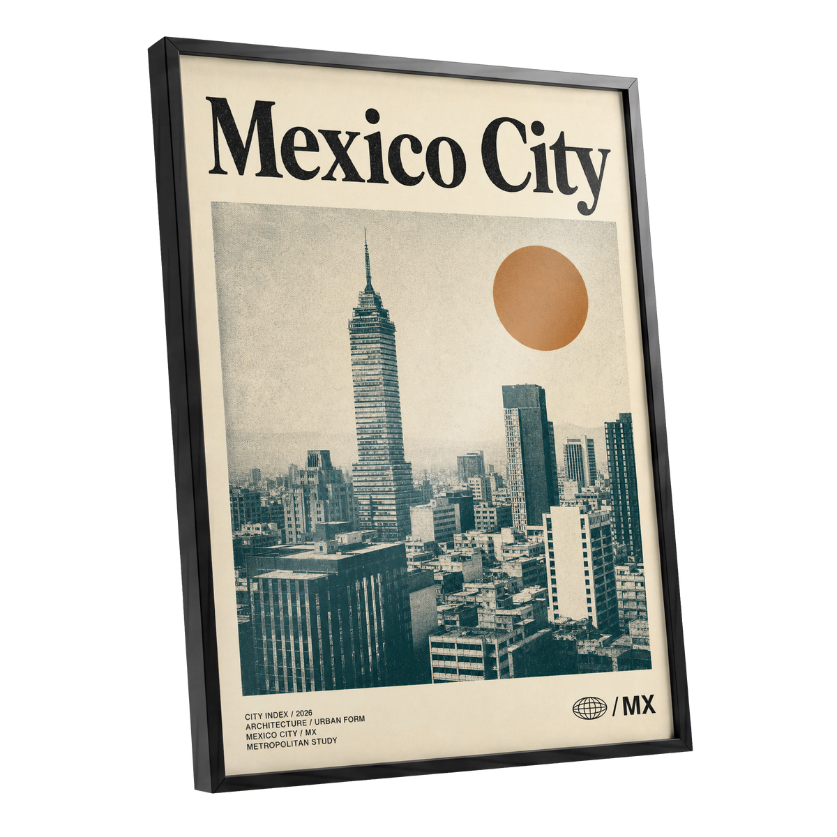 Mexico City Modern, beige, green, orange minimalist wall art shown as a black framed poster wall art print