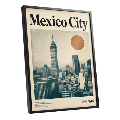 Mexico City Modern, beige, green, orange minimalist wall art shown as a black framed poster wall art print