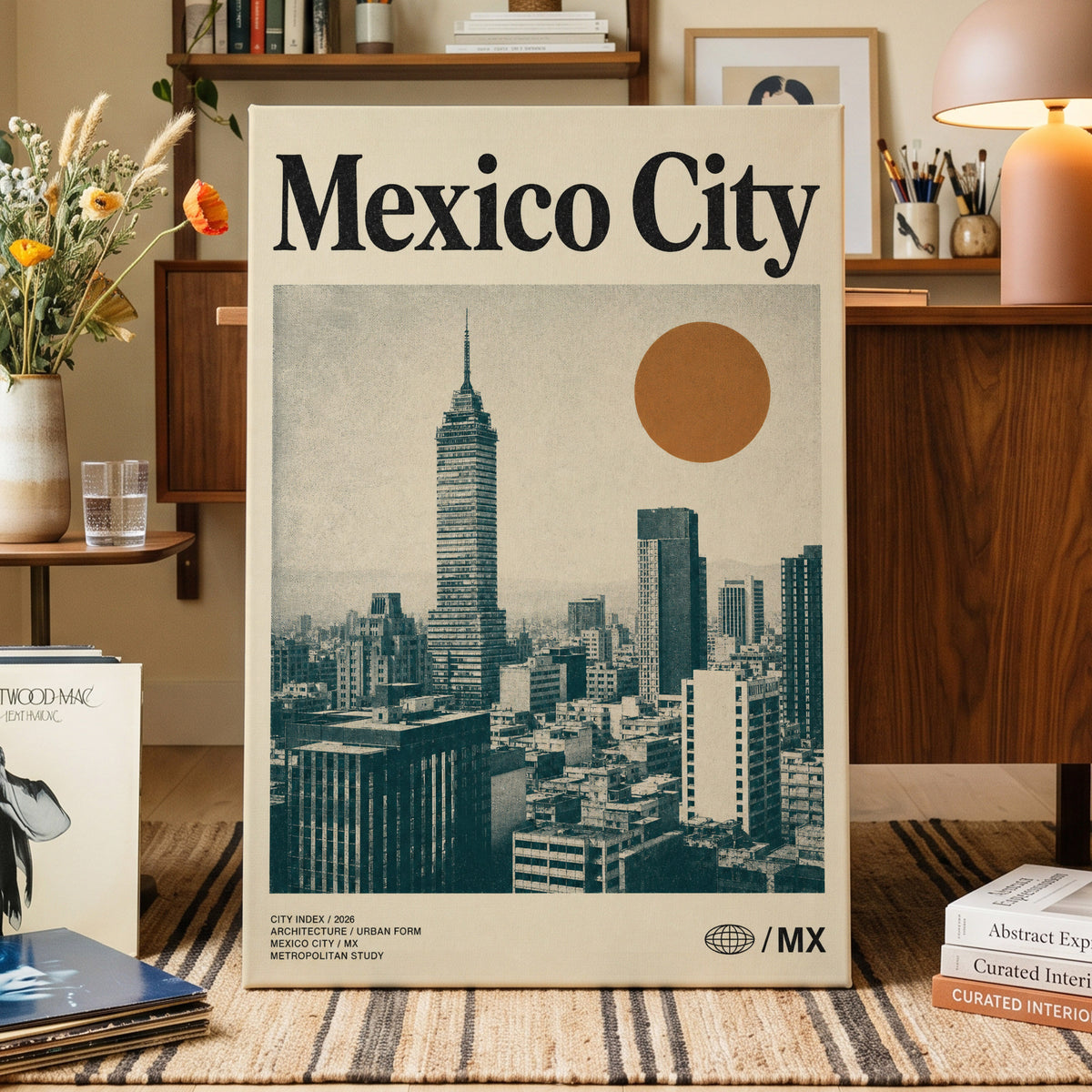 Mexico City Modern, beige, green, orange minimalist wall art on canvas displayed in a styled interior, gallery view 1