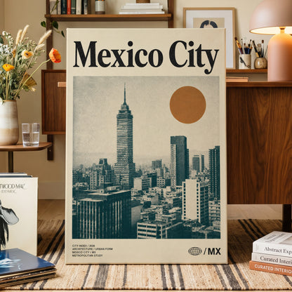 Mexico City Modern, beige, green, orange minimalist wall art on canvas displayed in a styled interior, gallery view 1