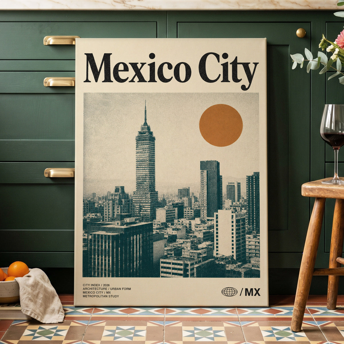 Mexico City Modern, beige, green, orange minimalist wall art on canvas displayed in a styled interior, gallery view 2