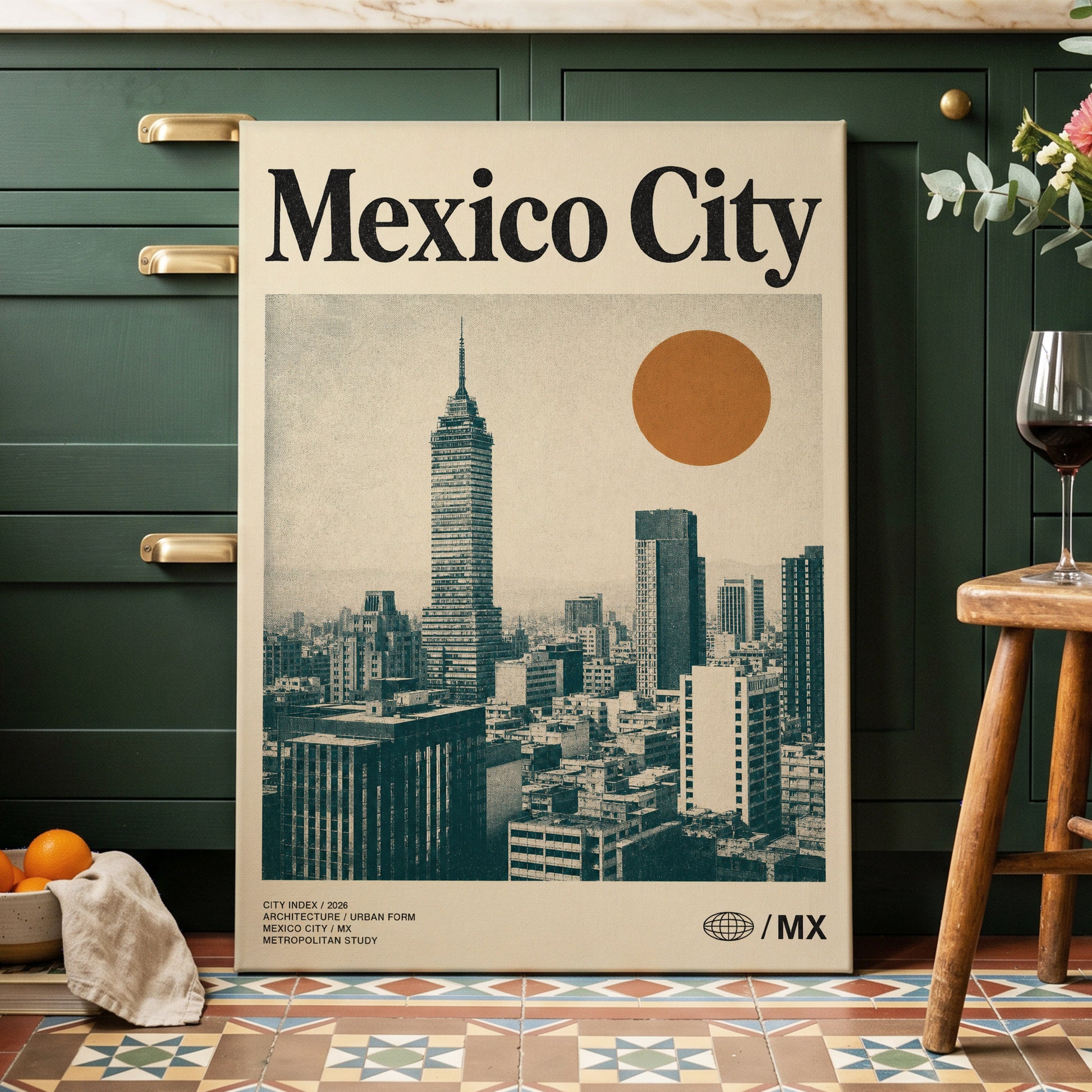 Mexico City Modern, beige, green, orange minimalist wall art on canvas displayed in a styled interior, gallery view 2