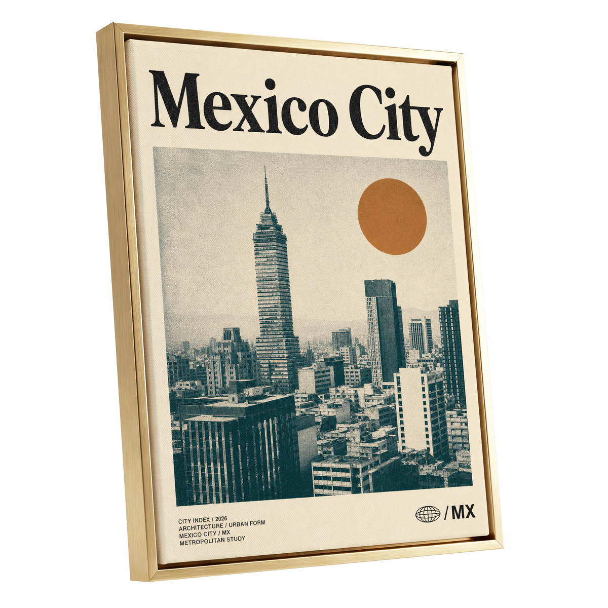 Mexico City Modern, beige, green, orange minimalist wall art shown as a gold framed canvas wall art