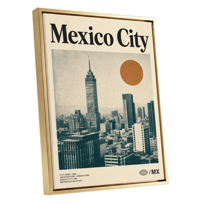Mexico City Modern, beige, green, orange minimalist wall art shown as a gold framed canvas wall art