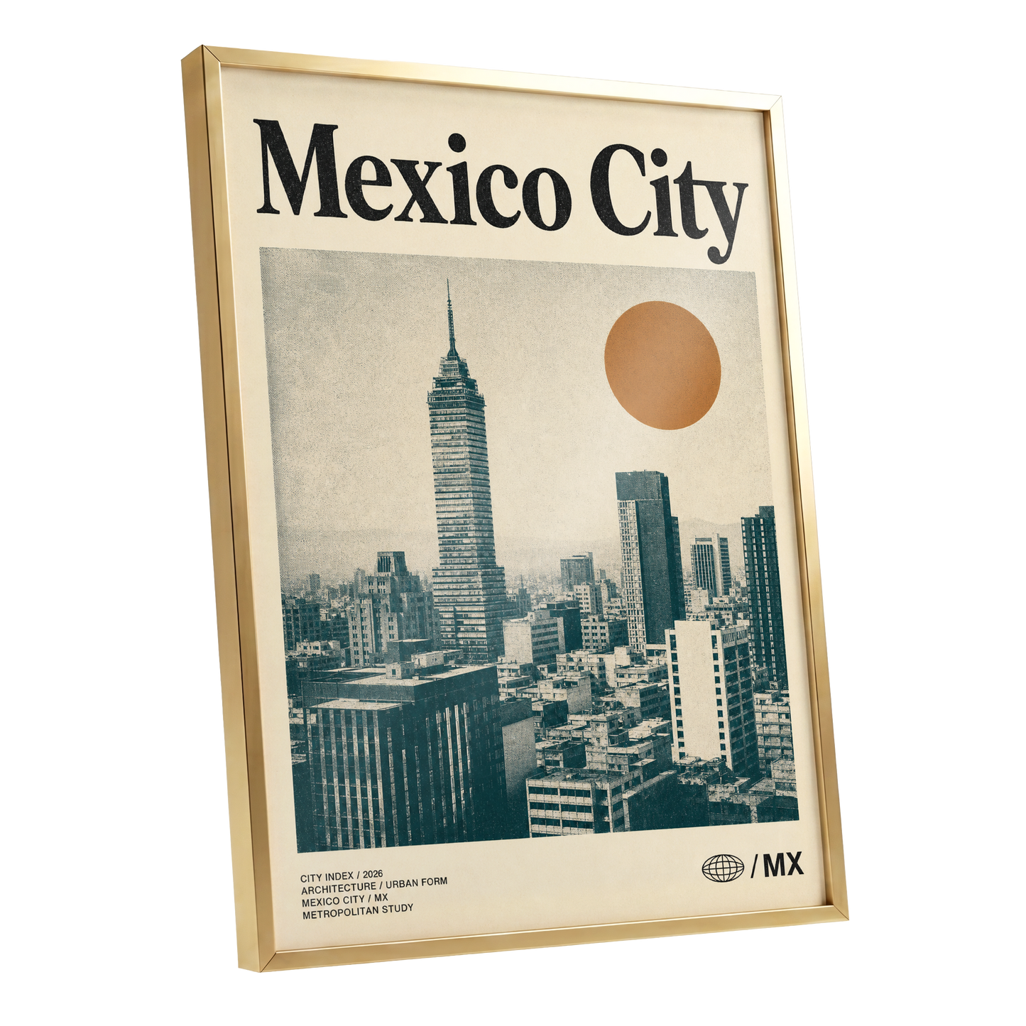 Mexico City Modern, beige, green, orange minimalist wall art shown as a gold framed poster wall art print