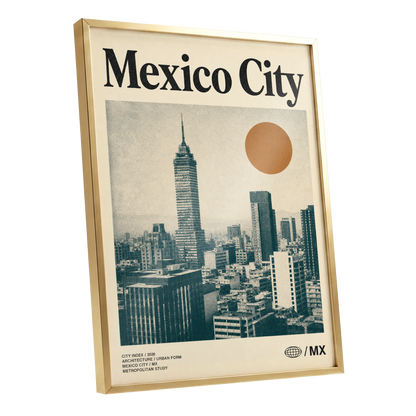 Mexico City Modern, beige, green, orange minimalist wall art shown as a gold framed poster wall art print