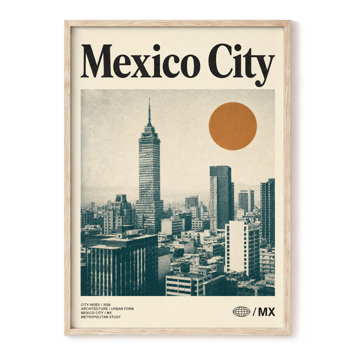 Mexico City Modern, beige, green, orange minimalist wall art, front artwork view