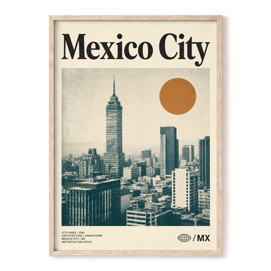 Mexico City Modern, beige, green, orange minimalist wall art, front artwork view
