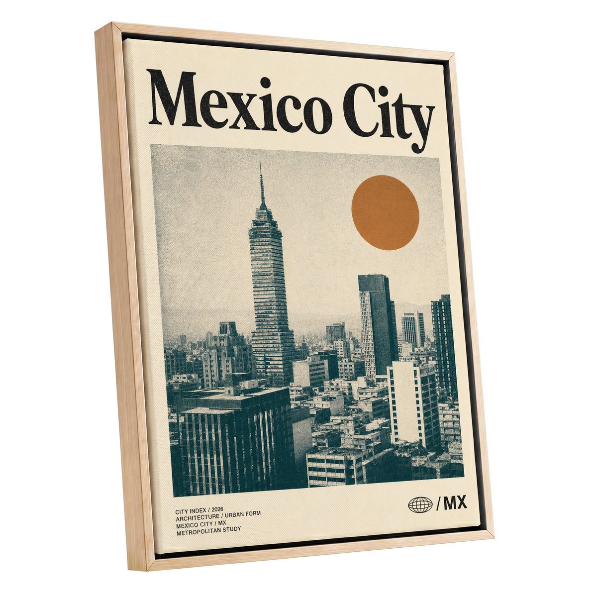 Mexico City Modern, beige, green, orange minimalist wall art shown as a oak framed canvas wall art