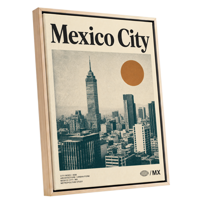 Mexico City Modern, beige, green, orange minimalist wall art shown as a oak framed canvas wall art
