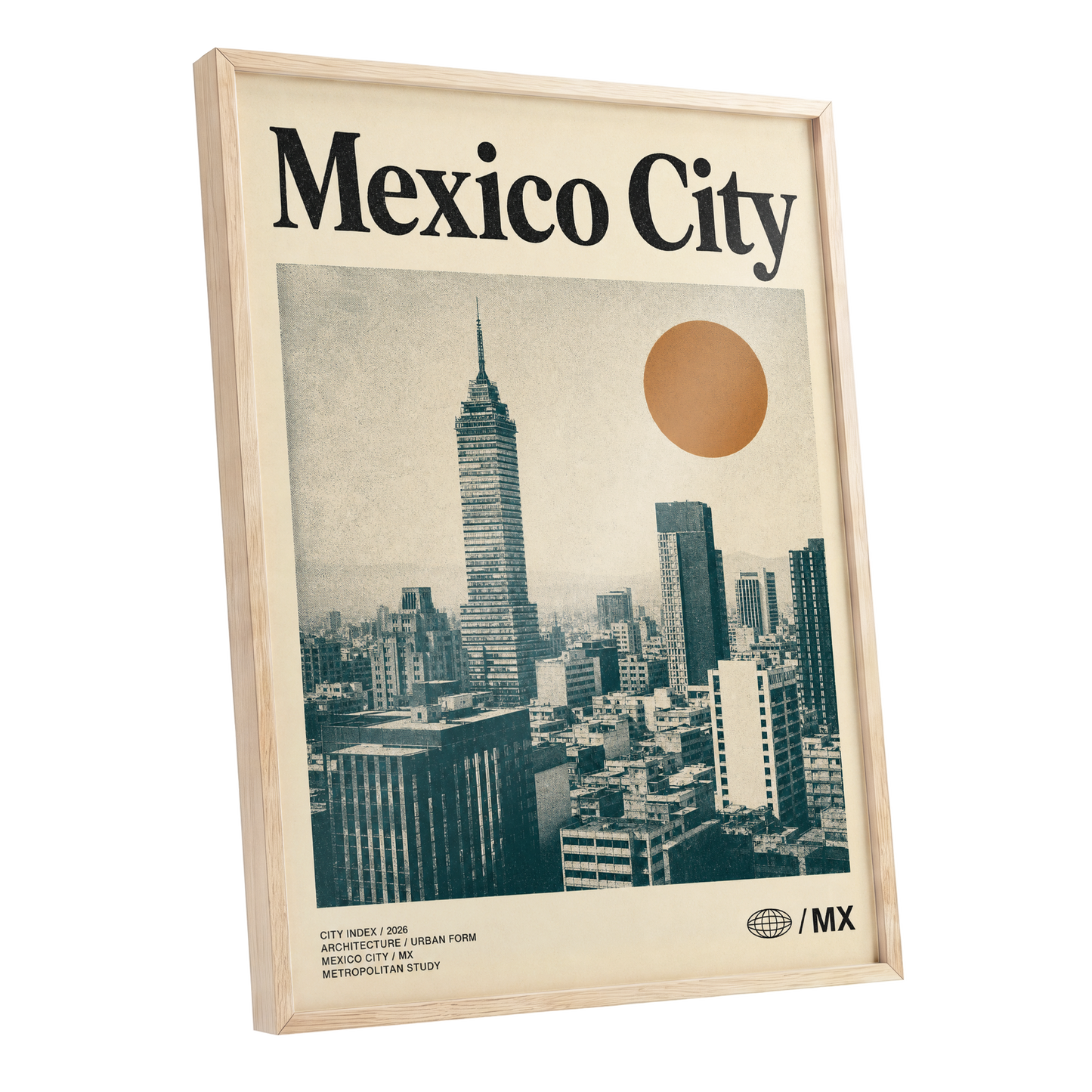 Mexico City Modern, beige, green, orange minimalist wall art shown as a oak framed poster wall art print