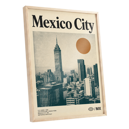 Mexico City Modern, beige, green, orange minimalist wall art shown as a oak framed poster wall art print