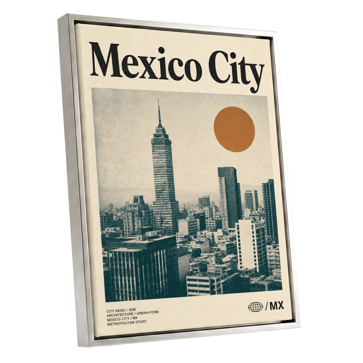 Mexico City Modern, beige, green, orange minimalist wall art shown as a silver framed canvas wall art