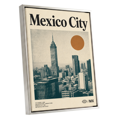 Mexico City Modern, beige, green, orange minimalist wall art shown as a silver framed canvas wall art