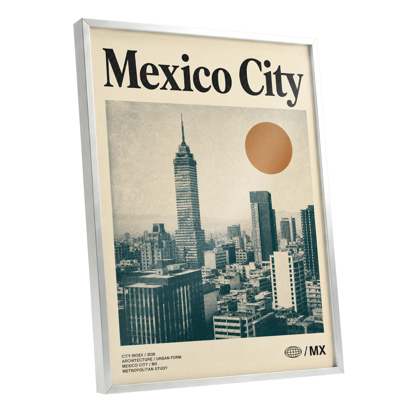 Mexico City Modern, beige, green, orange minimalist wall art shown as a silver framed poster wall art print