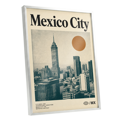 Mexico City Modern, beige, green, orange minimalist wall art shown as a silver framed poster wall art print