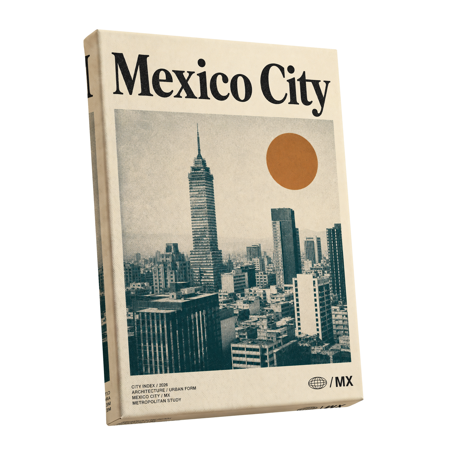 Mexico City Modern, beige, green, orange minimalist wall art shown as a stretched canvas wall art