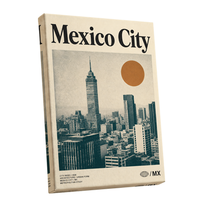 Mexico City Modern, beige, green, orange minimalist wall art shown as a stretched canvas wall art