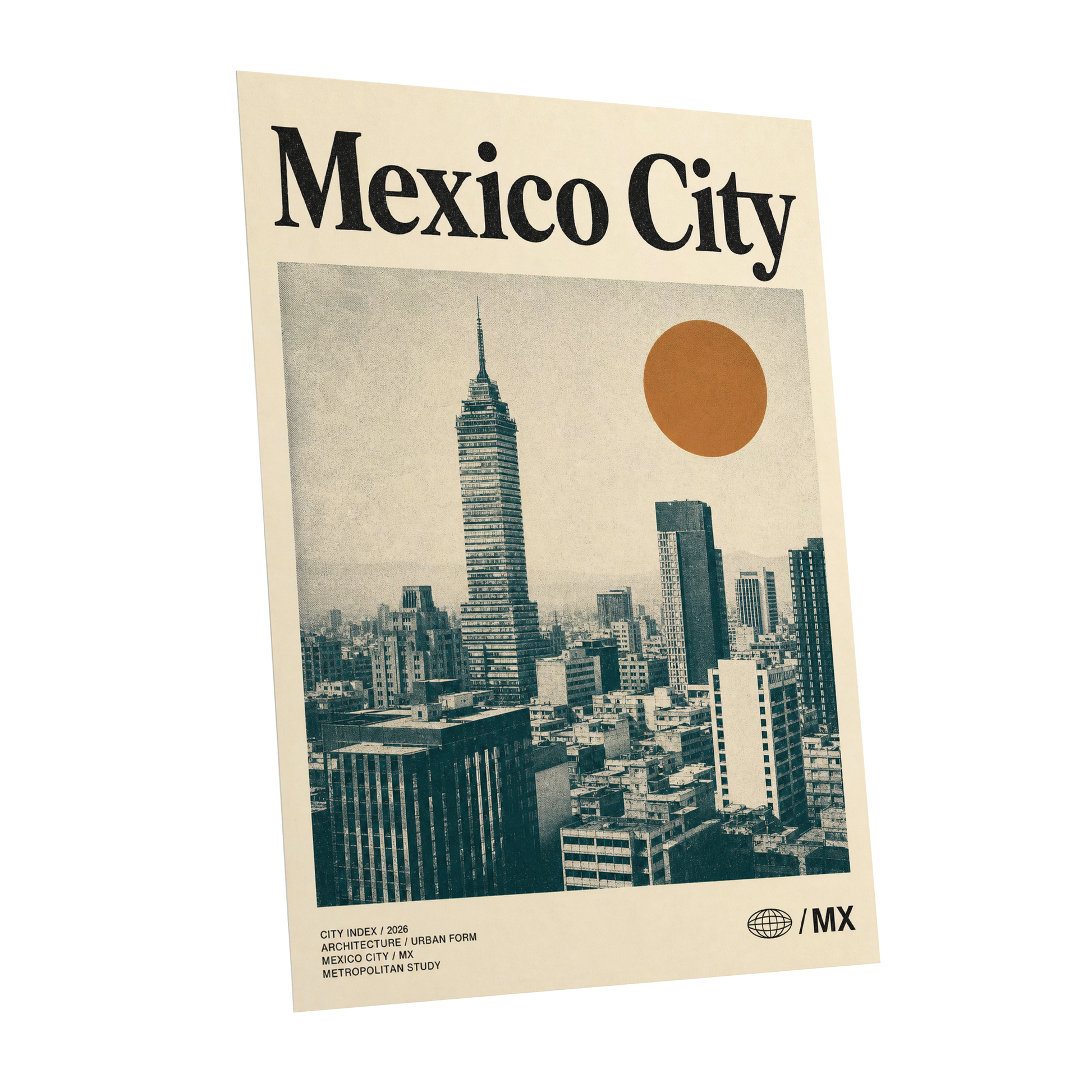Mexico City Modern, beige, green, orange minimalist wall art shown as a unframed poster wall art print